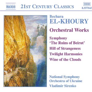 CD cover for El-Khoury’s Orchestral Works, featuring a mountain landscape.