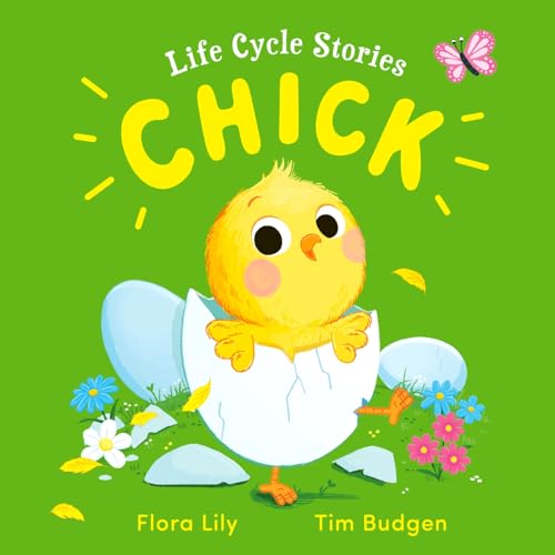 Book cover: a yellow chick emerging from a cracked egg, green background.