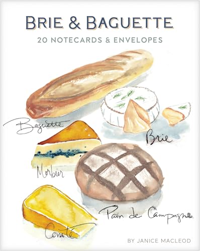 Watercolor illustration of brie, baguette, and assorted cheeses on white background.