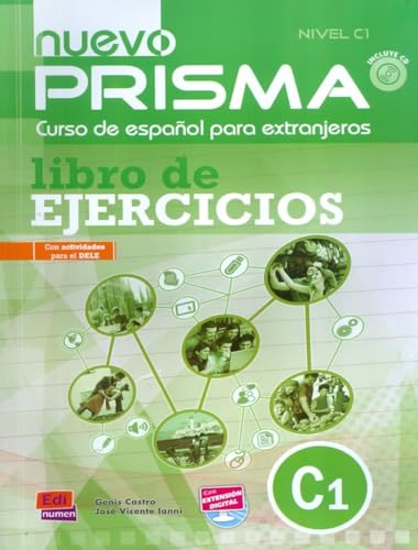 Spanish language exercise book "Nuevo Prisma C1" with photos and level C1 badge.