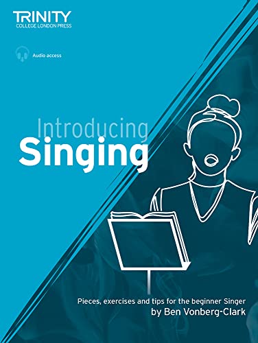 Blue book cover with white line drawing of a singer with sheet music.