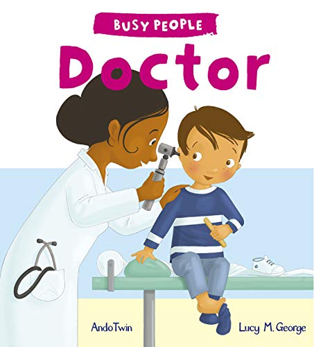 A doctor examines a young boy's ear with an otoscope in a medical office.