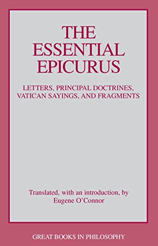 Book cover: "The Essential Epicurus" with red border and gray background.