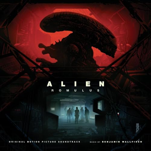 Alien: Romulus soundtrack vinyl cover featuring a Xenomorph and silhouetted figures.