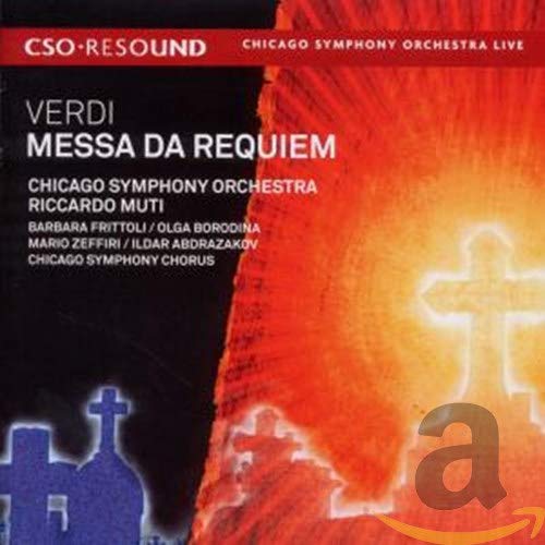 CD cover for Verdi’s “Messa Da Requiem” featuring a fiery, abstract cross.