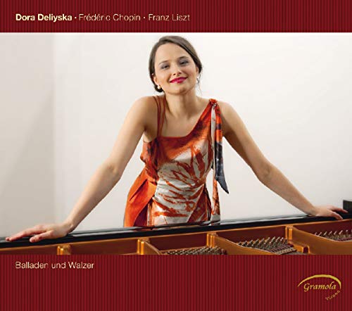 CD cover featuring pianist Dora Deliyska in a red dress at a piano.