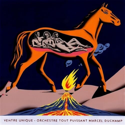 Orange horse with figures inside, volcano and smoke below, album cover.