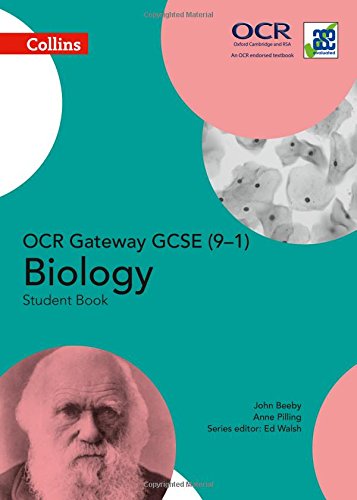 GCSE Biology textbook cover with circles, portraits, and microscopic cells.