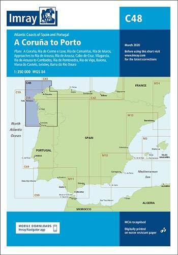 Nautical chart covering the coast from A Coruña, Spain to Porto, Portugal.