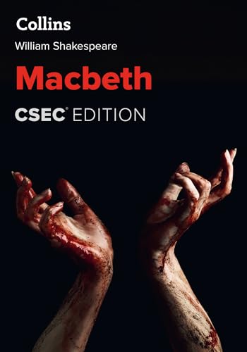 Book cover of “Macbeth” with bloody hands reaching upwards.