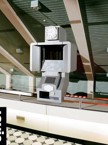 Gray, boxy machine with a clock under a peaked ceiling.