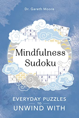 Book cover titled Mindfulness Sudoku with a blue background, Sudoku grids, and cloud illustrations.