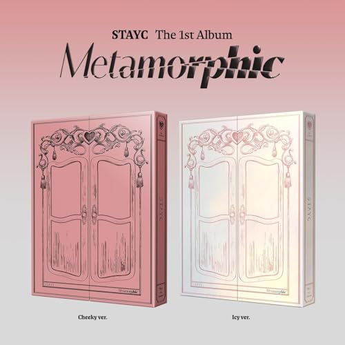 Stayc “Metamorphic” album cover with two ornate, pink and white cabinet designs.