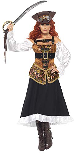 Smiffys Adult Women's Steam Punk Pirate Wench Costume, Dress with Sleeves and Buckles, Pirates, Size: S, 28709