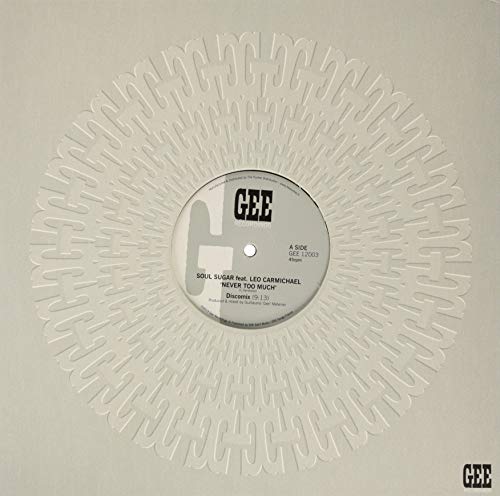 White vinyl record with a central label displaying "Soul Sugar - Never Too Much".