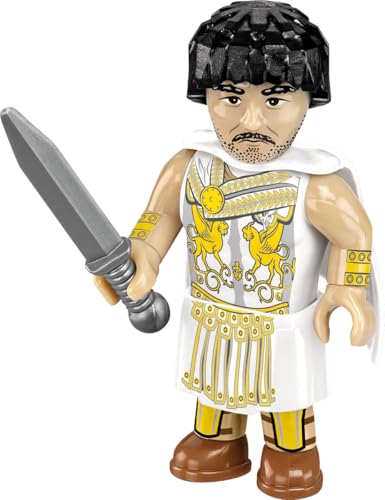Plastic Roman minifigure with sword, detailed tunic, and curly black hair.