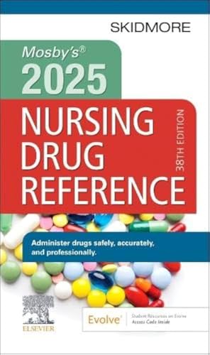 Red and green "Mosby's 2025 Nursing Drug Reference" book with pills.