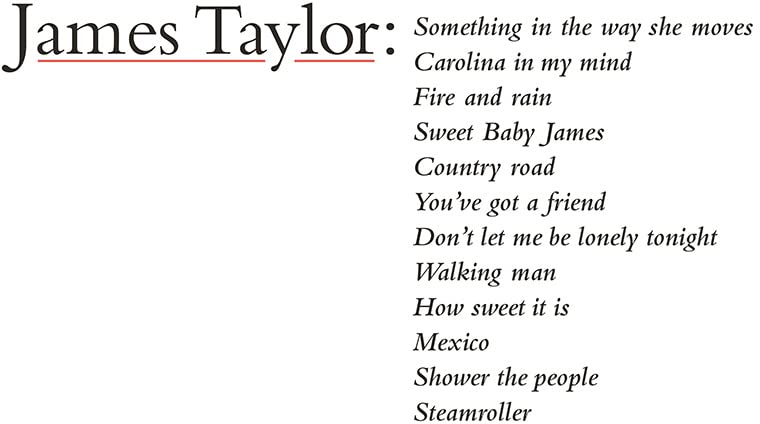 James Taylor's Greatest Hits CD tracklist with song titles in black text.