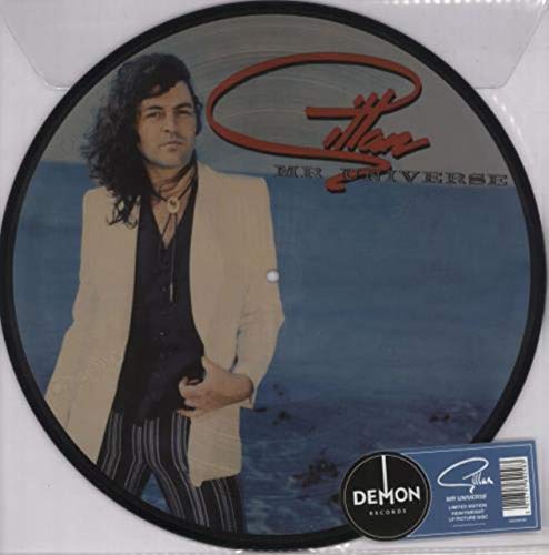 Circular vinyl record with a portrait of a man in a beige jacket.