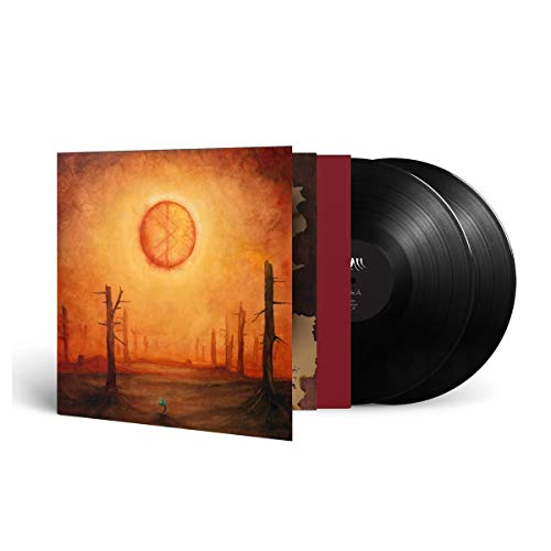 Vinyl record and album cover with a fiery, desolate landscape.
