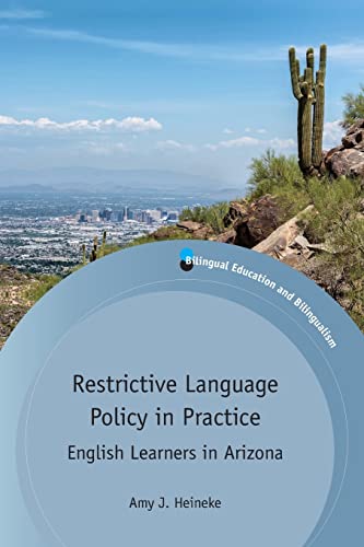 Book cover: desert landscape with title "Restrictive Language Policy in Practice.