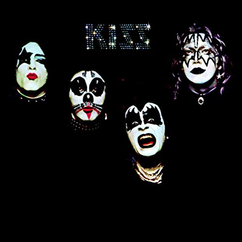 Kiss band members with face paint on a black background.