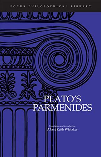 Blue book cover with black Greek column illustration and white text reading Plato's Parmenides.