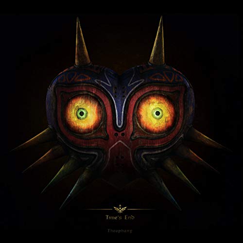 Majora’s Mask from The Legend of Zelda, dark and textured, with text.