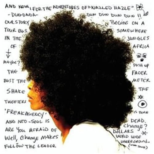 Erykah Badu album cover, side view of her large afro and handwritten text.