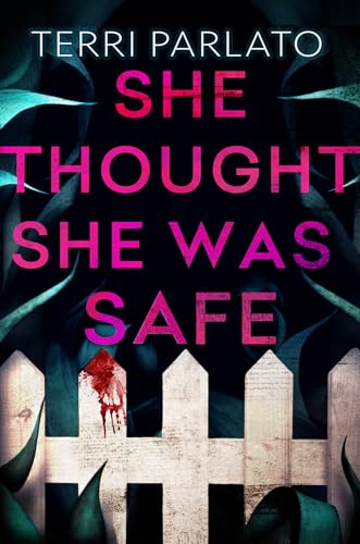 Book cover with pink text, a white picket fence, and dripping red paint.