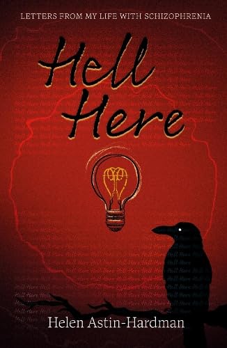 Book cover: "Hell Here" with lightbulb, raven, and red text background.