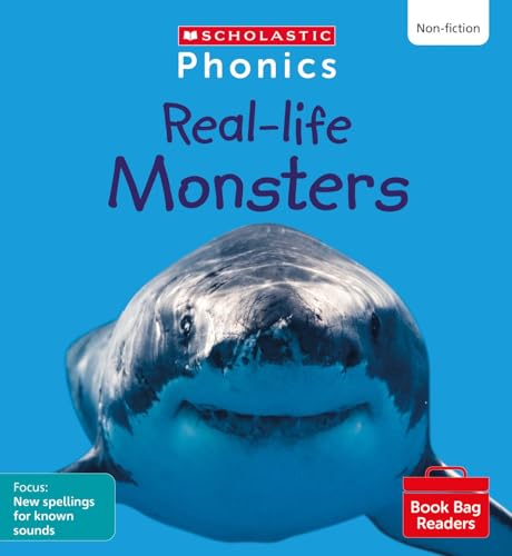 Book cover featuring a great white shark underwater, titled “Real-life Monsters.”