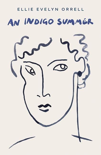 Book cover: "An Indigo Summer" with a blue line-drawing of a face.