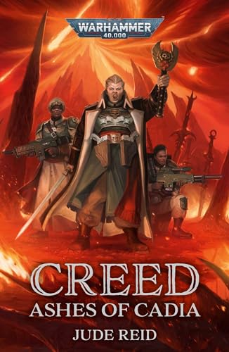 Warhammer 40,000 book cover featuring armored figures amidst fiery ruins.
