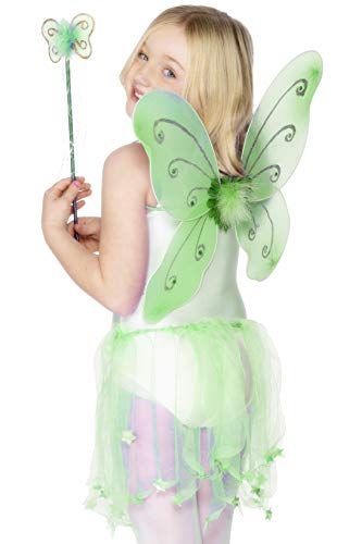 Smiffys Butterfly Wings with Wand, Flower and Glitter Trim - Green