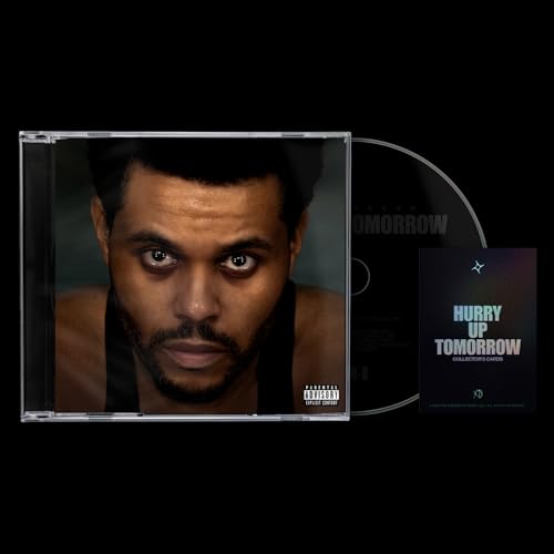 The Weeknd's "Hurry Up Tomorrow" CD case featuring a portrait of the artist.