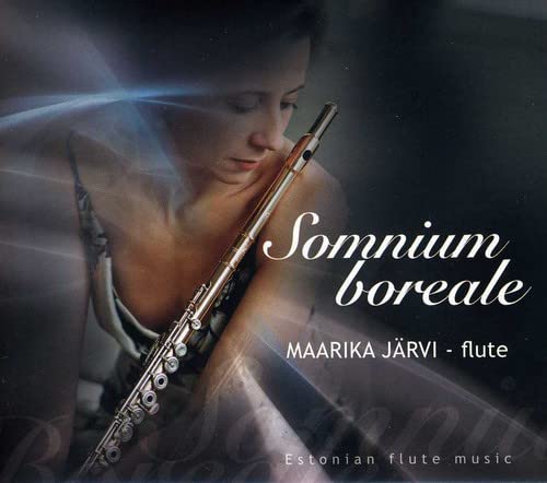Woman playing a silver flute, album cover for Estonian flute music.