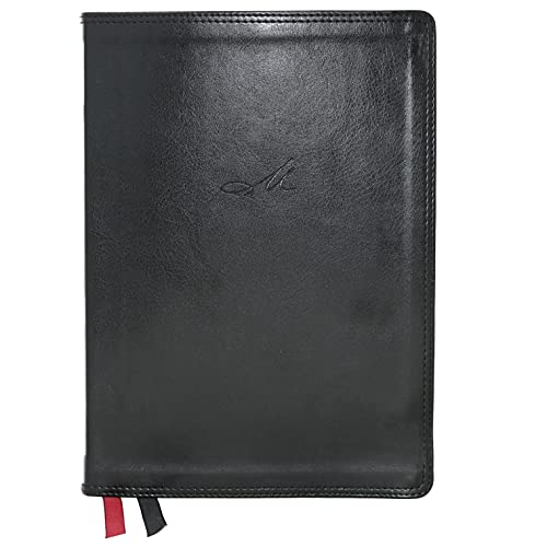 Black leather-look Bible with red ribbon markers and thumb-indexing.