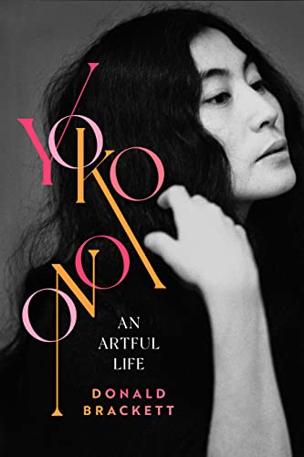 Black and white portrait of Yoko Ono with colorful title text overlay.