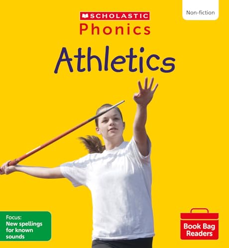 Scholastic Phonics book cover, "Athletics," featuring a girl with a javelin.