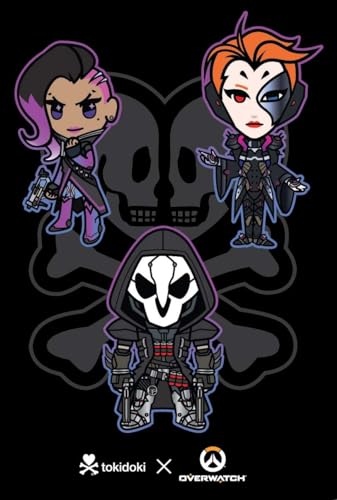 Chibi-style Sombra, Widowmaker, and Reaper from Overwatch with a skull backdrop.