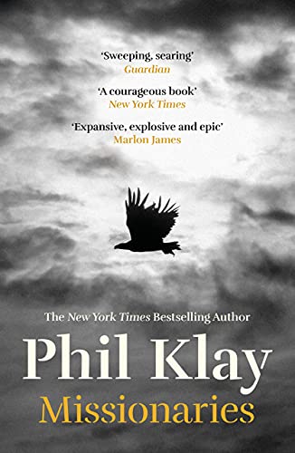 Book cover: dark sky with a soaring bird, title "Missionaries" by Phil Klay.