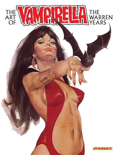 Vampirella in a red outfit, holding bat wings, comic book cover.