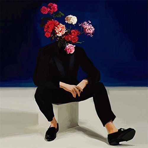 Person in black suit with flowers obscuring the head, painted style.