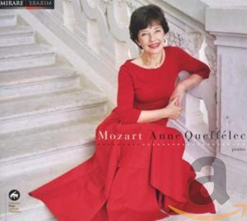 CD cover: Anne Queffelec in red dress, Mozart piano works.