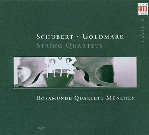 CD cover for Schubert & Goldmark string quartets, featuring violins.