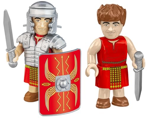 Two plastic Roman figures with weapons and a red shield.