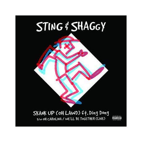 Black record sleeve with abstract stick figure and song titles.