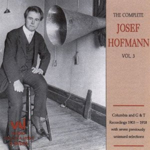 Vintage CD cover featuring Josef Hofmann seated near a large recording horn.