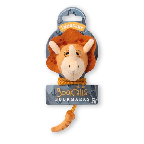 Plush dinosaur head bookmark with a textured tail hanging below.